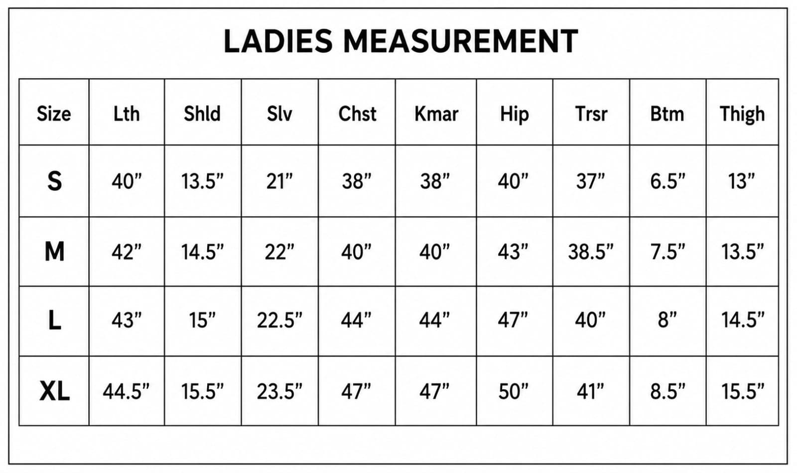 Women's ready-to-wear size chart