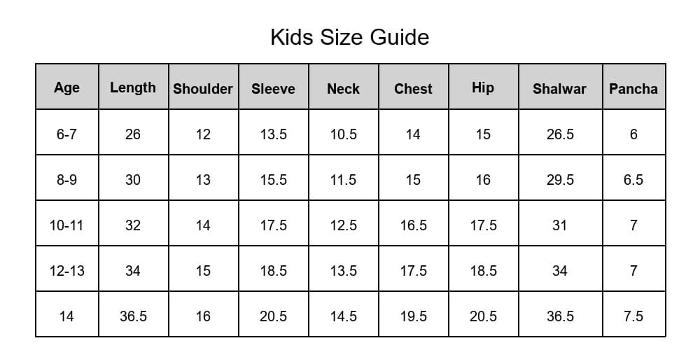 Kids / Teens ready-to-wear size chart