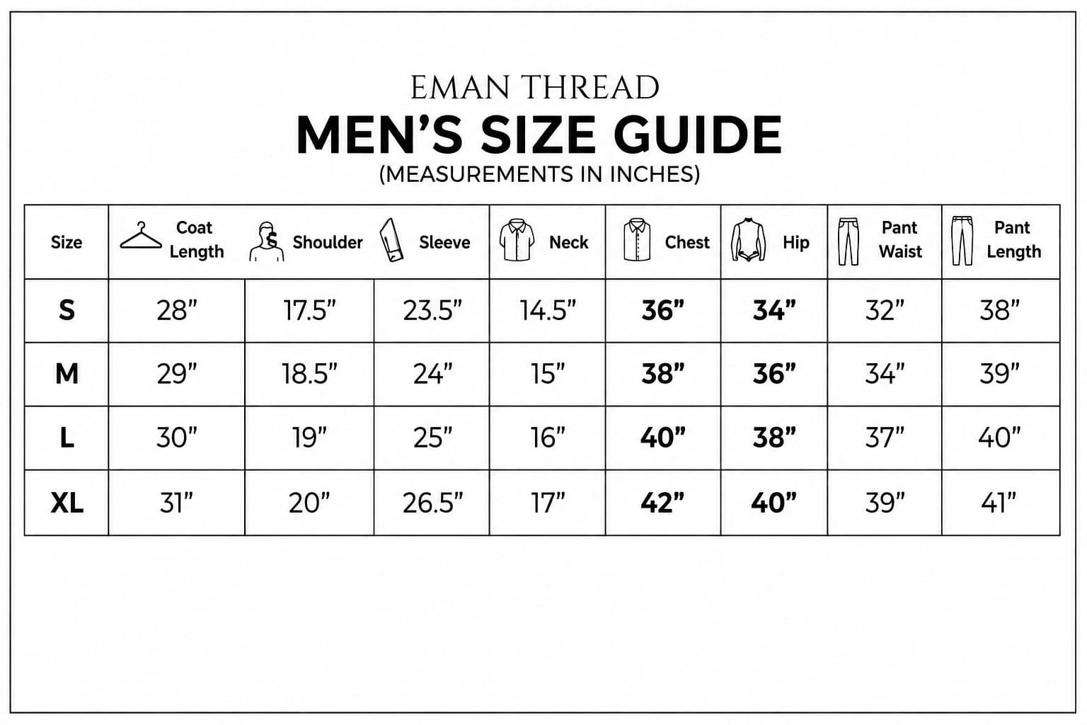 Men's coat & pant set size chart