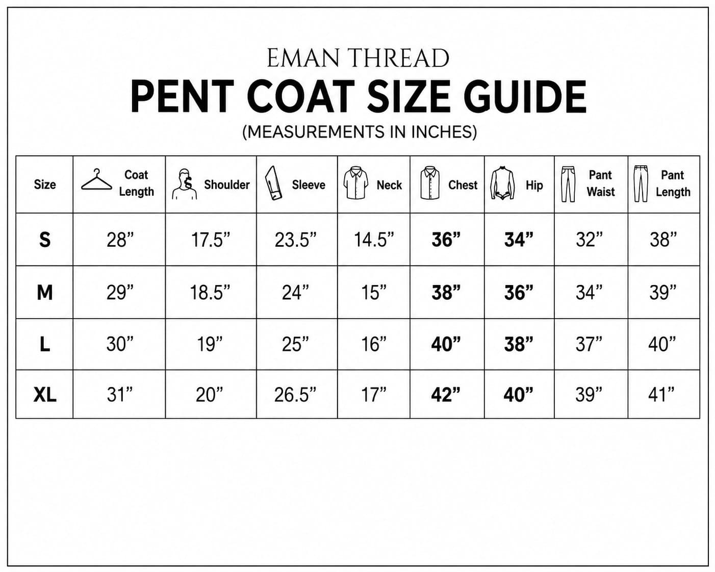 Pent coat size chart